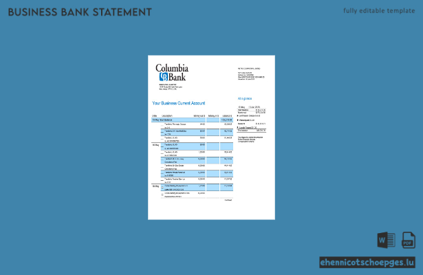 Beispiel eines Kontoauszugs des Columbia Bank-Unternehmenskontos (Word- und PDF-Datei)